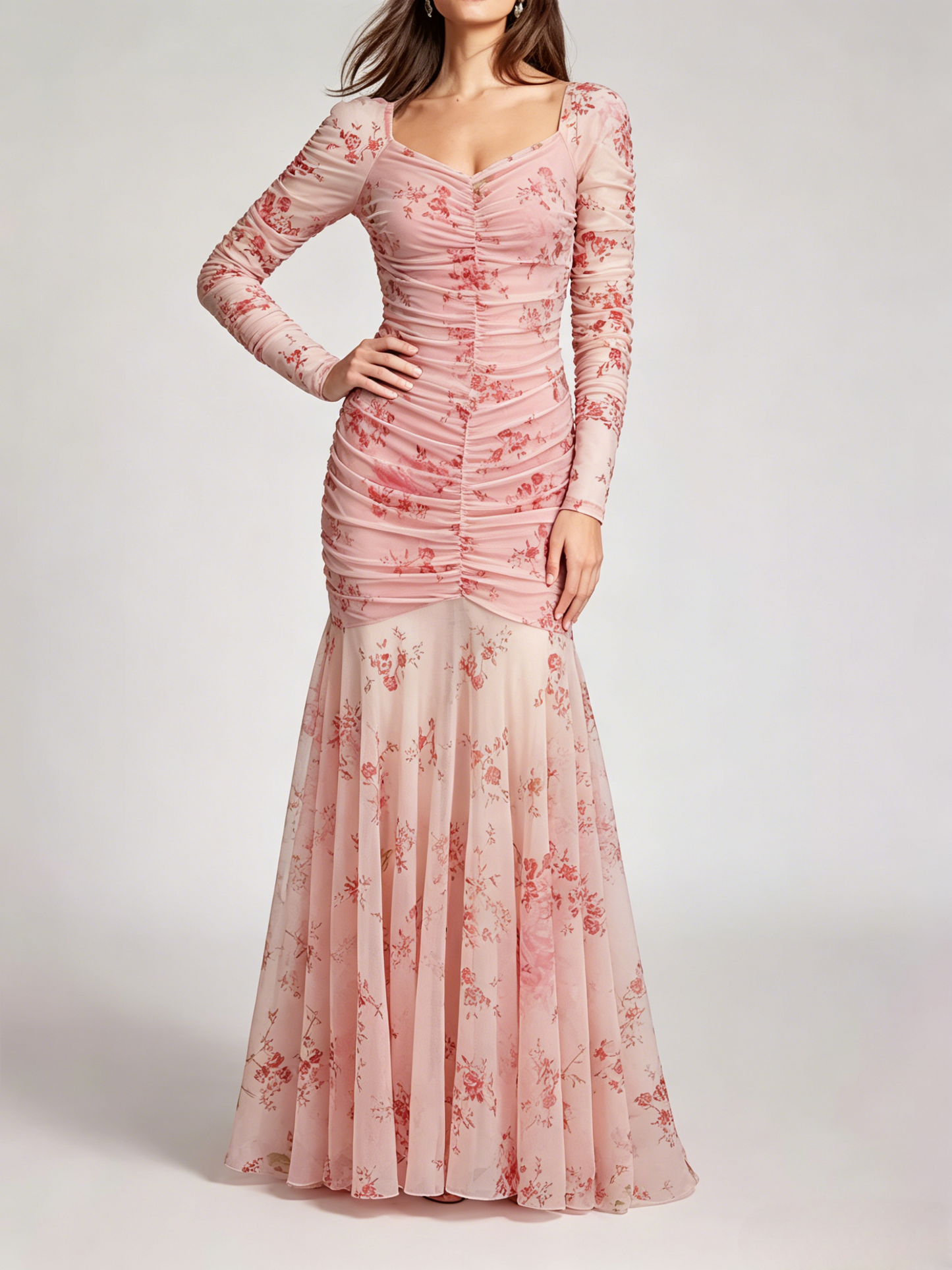 Party Dress Maxi Light Apricot Stand Collar Pleated Long Sleeves Printed Casual Dress