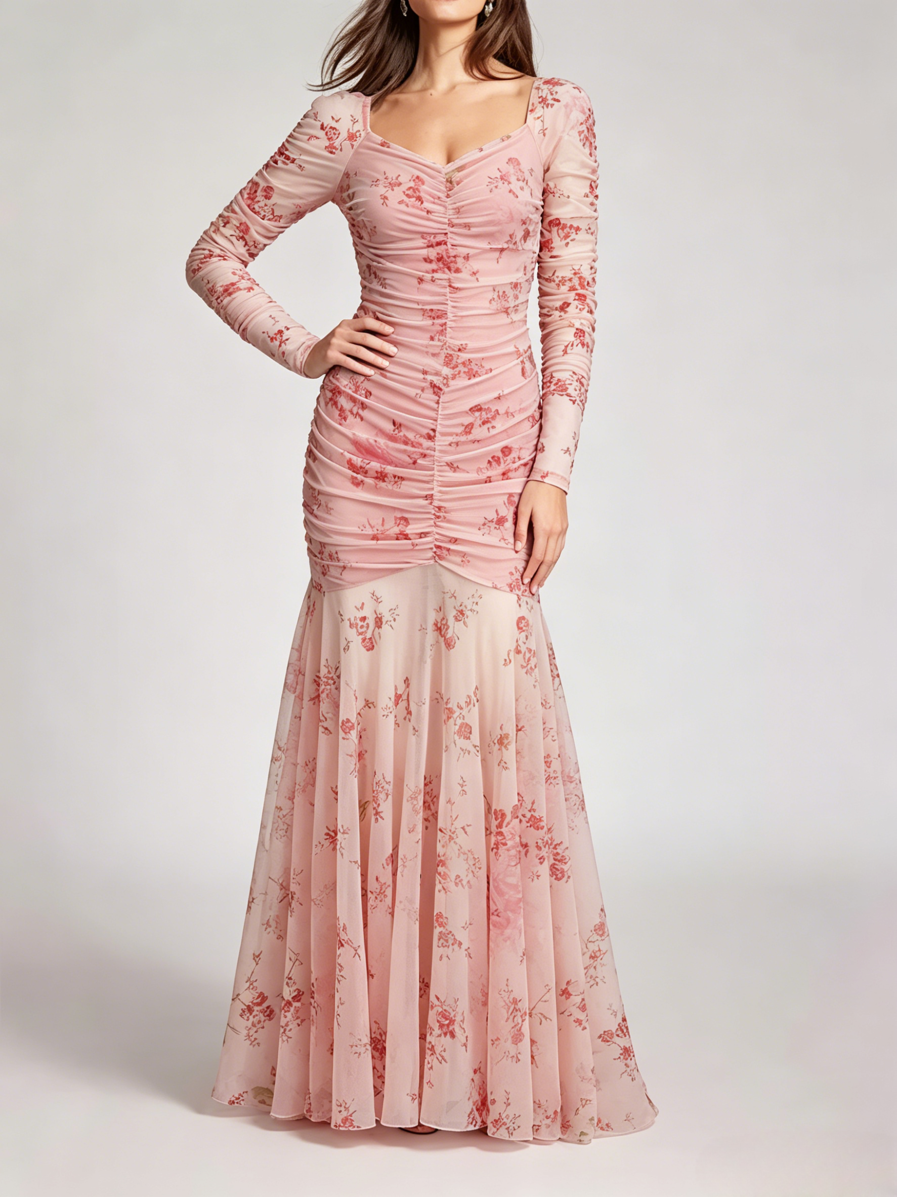 Party Dress Maxi Light Apricot Stand Collar Pleated Long Sleeves Printed Casual Dress