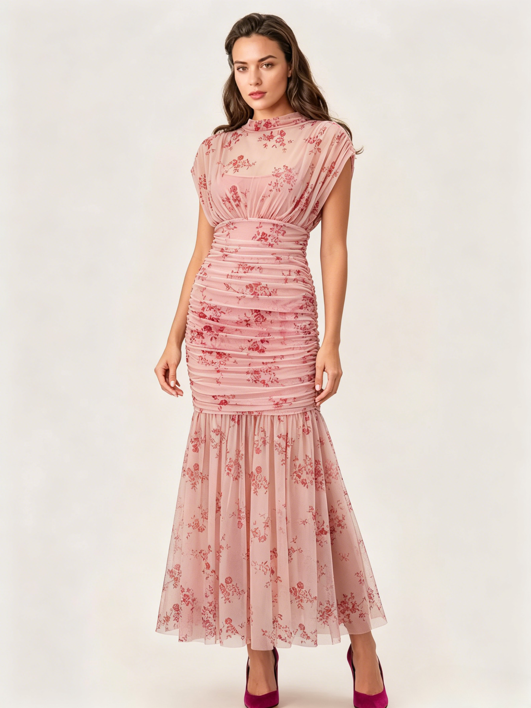 Party Dress Maxi Light Apricot Stand Collar Pleated Short Sleeves Printed Dress