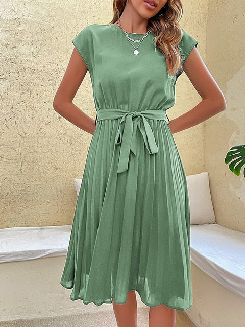 Round Neck Cap Sleeve Tie Waist Accordion Pleated Midi Dress