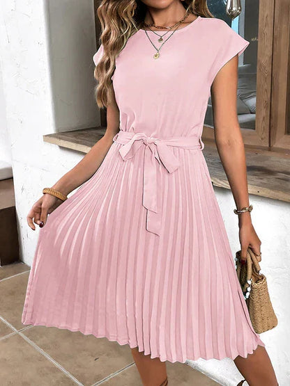 Round Neck Cap Sleeve Tie Waist Accordion Pleated Midi Dress