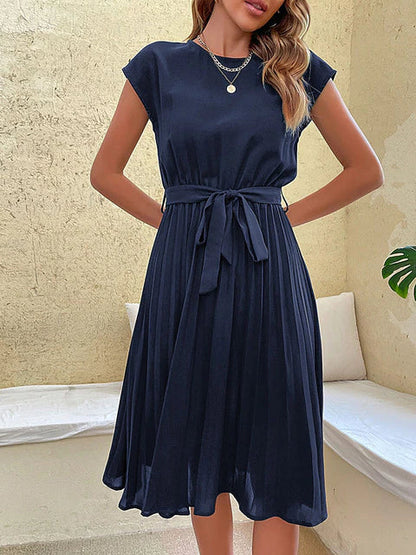 Round Neck Cap Sleeve Tie Waist Accordion Pleated Midi Dress