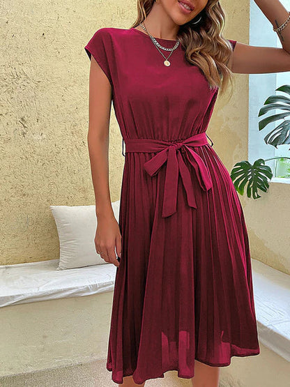 Round Neck Cap Sleeve Tie Waist Accordion Pleated Midi Dress