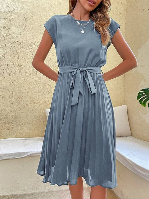 Round Neck Cap Sleeve Tie Waist Accordion Pleated Midi Dress