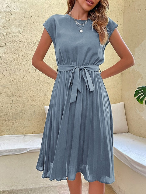 Round Neck Cap Sleeve Tie Waist Accordion Pleated Midi Dress