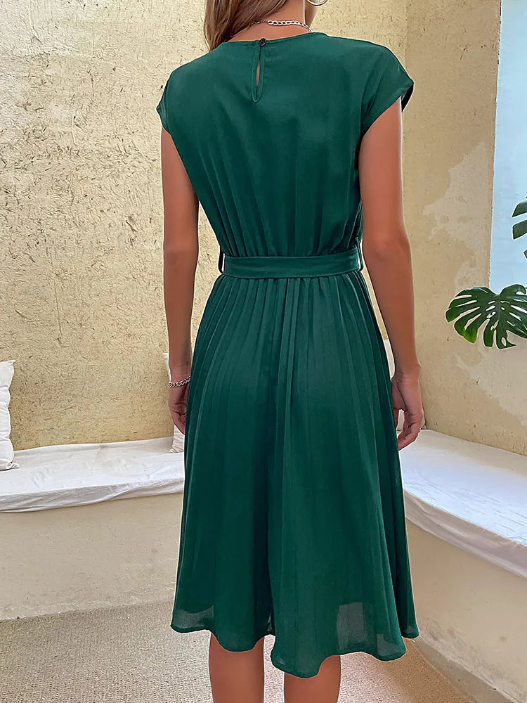 Round Neck Cap Sleeve Tie Waist Accordion Pleated Midi Dress