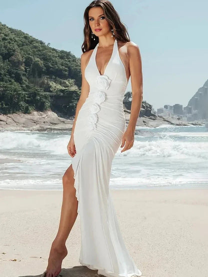 Backless 3D Flowers White Vacation Dress