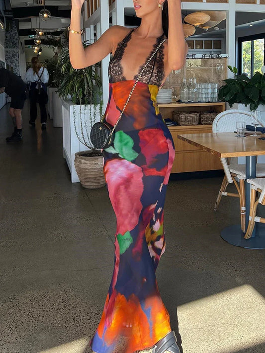 Tie Dye Floral Chiffon Vacation Dress