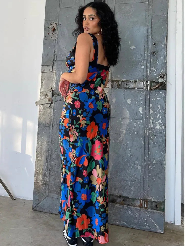 V-neck Slip Floral Satin Vacation Dress