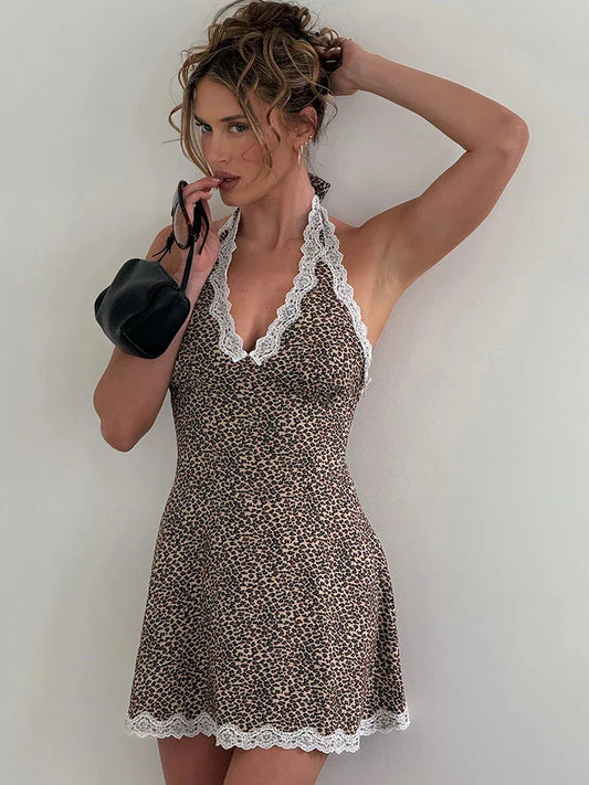 Leopard Patchwork Halter Mini Dress