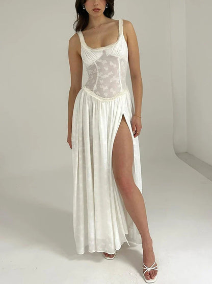 High Slit Square Collar Green Vacation Dress
