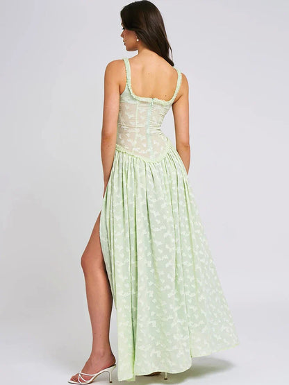 High Slit Square Collar Green Vacation Dress