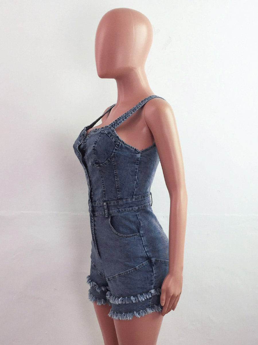 Deep V Neck Denim Romper For Women - Medium Blue Sexy Bodycon Frayed Hem Shorts Jumpsuit - Summer Music Festival Party 2026