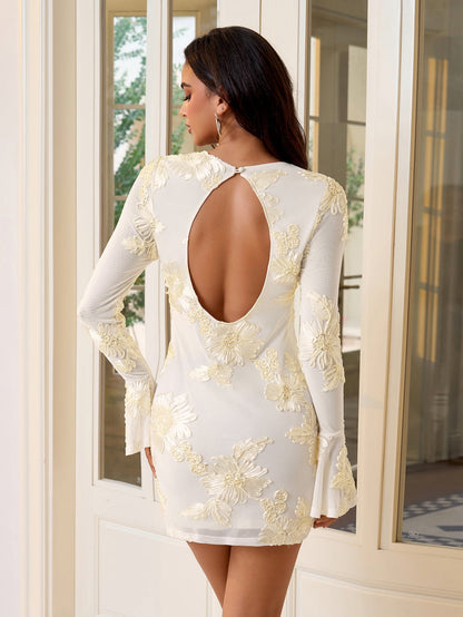 Jacquard Flounce Sleeve Cut Out Back Mini Dress