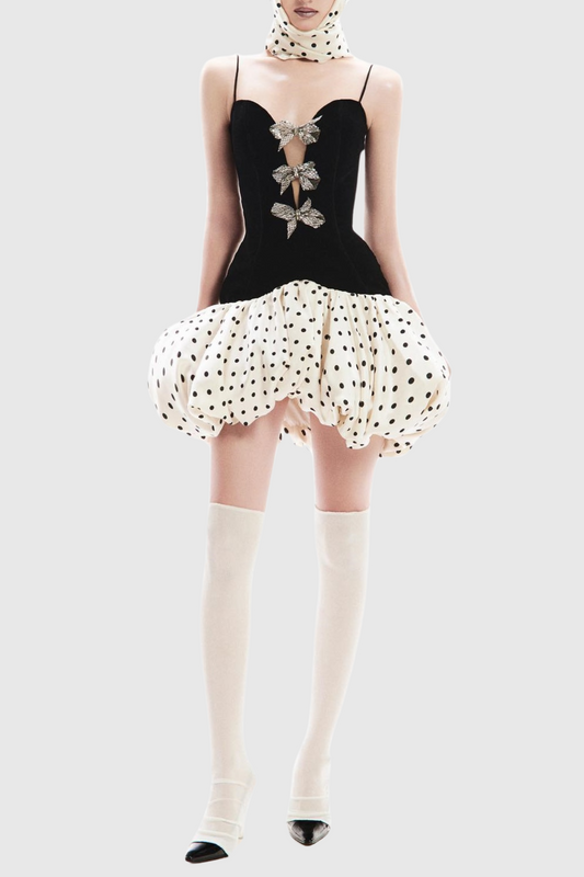 Jamara Bow Embellished Puff Dot Mini Dress
