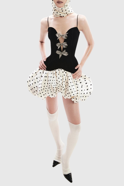 Jamara Bow Embellished Puff Dot Mini Dress