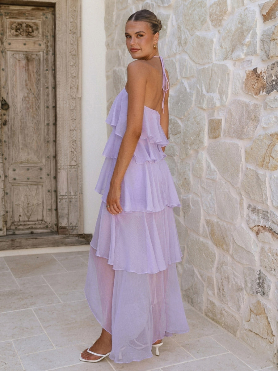 Halter Ruffle Maxi Dress For Women - Elegant Backless Tiered Chiffon High Low Sun Dress - Summer Date Night Outfit 2026