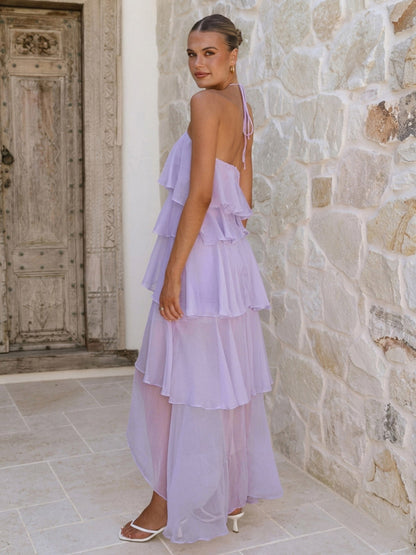 Halter Ruffle Maxi Dress For Women - Elegant Backless Tiered Chiffon High Low Sun Dress - Summer Date Night Outfit 2026