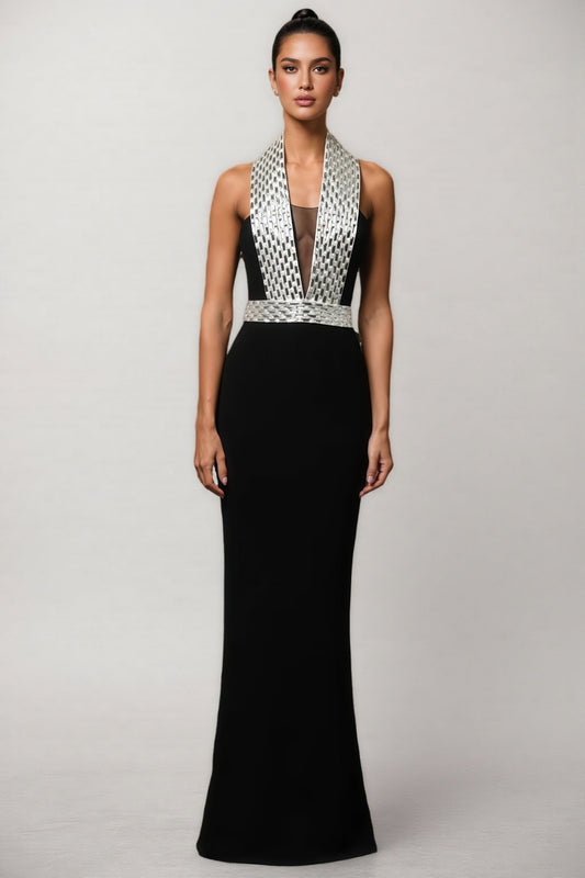 Ierra Black Diamond Studded Backless Maxi Dress