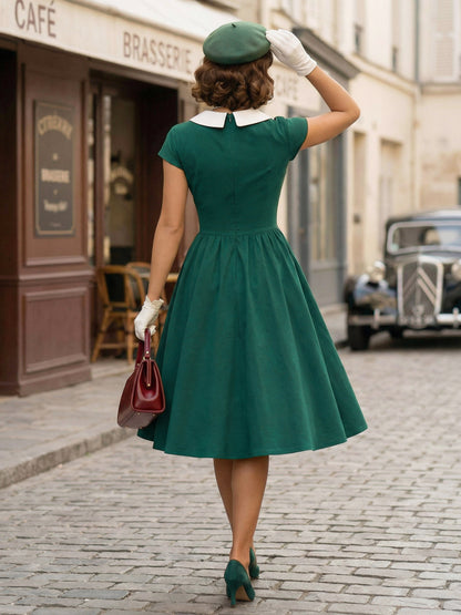 V Neck Contrast Lapel Ruched Retro A-line Swing Dress For Women 2026
