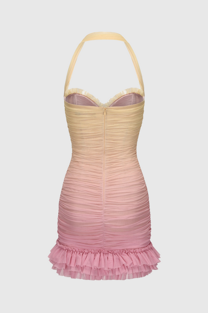 Jodelle Halter Mesh Gradient Rushed Mini Dress - Yellow