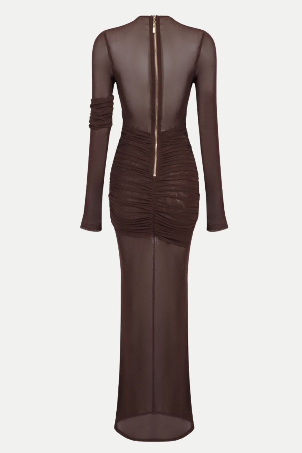 Jolleen Ruched Mesh Maxi Dress - Brown