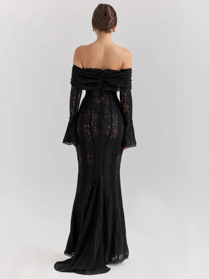 Women's Off-Shoulder Lace Flowing Silhouette Maxi Dress – Elegant Long Sleeve Occasion Gown