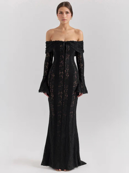 Women's Off-Shoulder Lace Flowing Silhouette Maxi Dress – Elegant Long Sleeve Occasion Gown