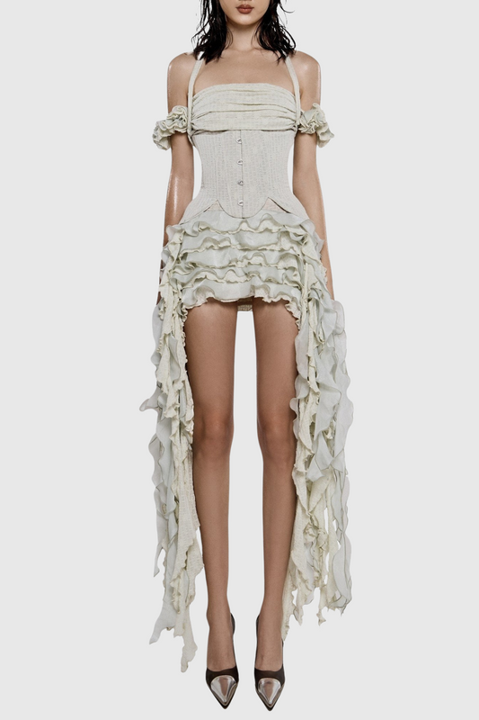Juricn Halter Corset Ruffle Fringe Mini Dress - Beige