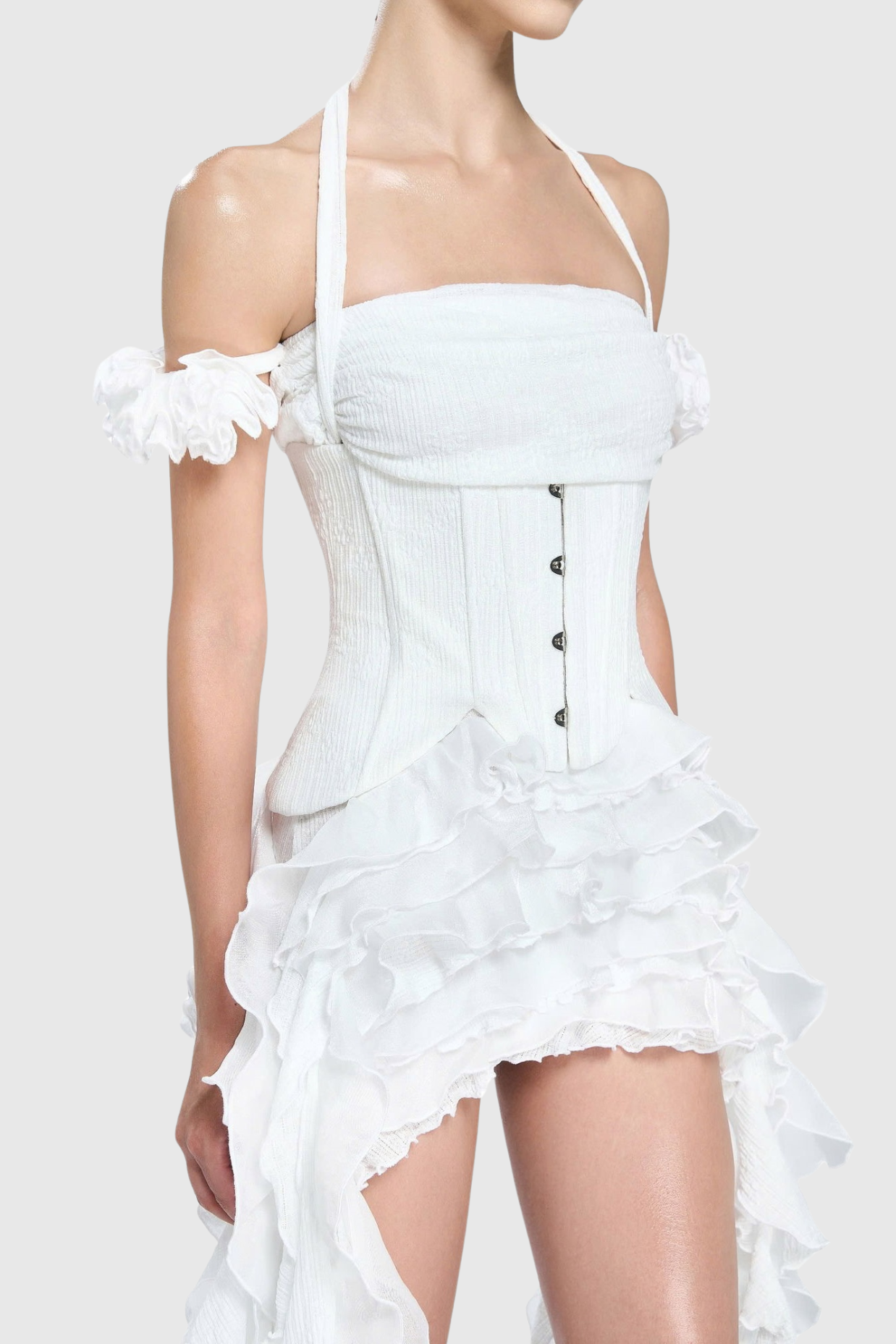 Juricn Halter Corset Ruffle Fringe Mini Dress - White