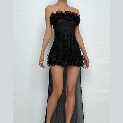 Ruffle mesh corset lace up mini dress