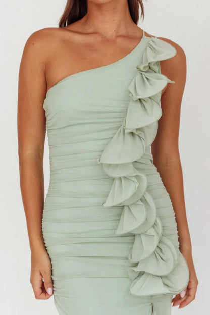 Haven One-Shoulder Ruffle Accent Maxi Dress Sage
