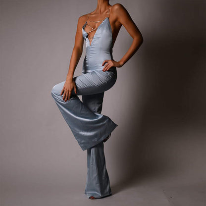 Strappy Sleeveless Drill Chain Bodycon Jumpsuit