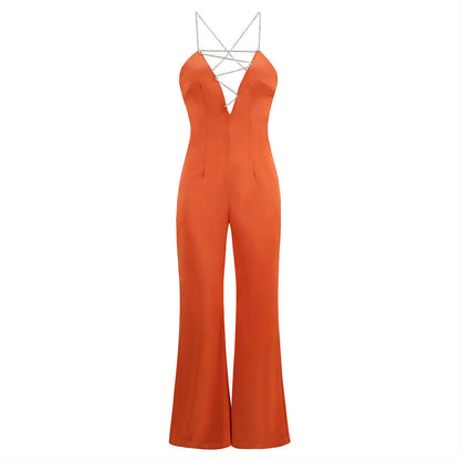 Strappy Sleeveless Drill Chain Bodycon Jumpsuit