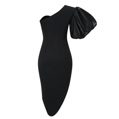One Shoulder Short Sleeve Midi Puff Sleeve Bodycon Dress KLYF501