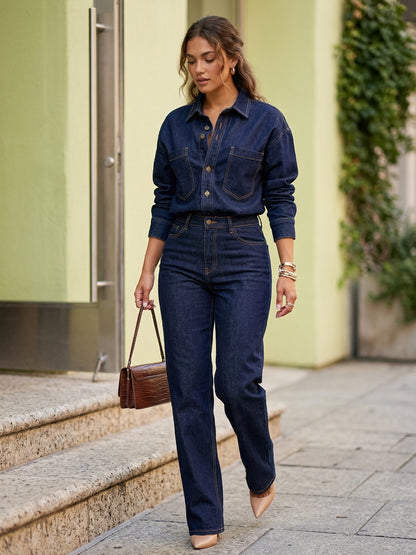 Long Sleeve Denim Jumpsuit For Women - Blue Button Down Straight Leg One Piece Jean Romper - Spring Casual Streetwear 2026