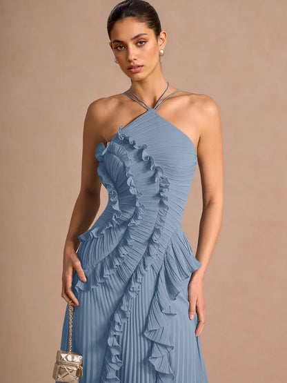 Halter Neck Ruffled Chiffon Maxi Gown With Irregular Hem For Special Events 2026