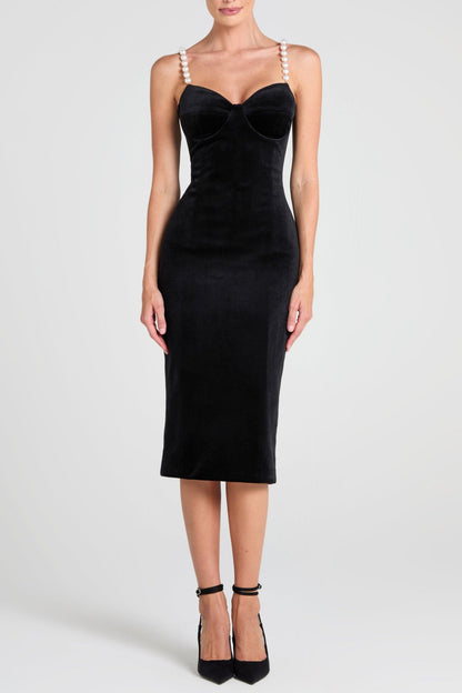 Kadia Velvet Pearl Embellished Midi Dress