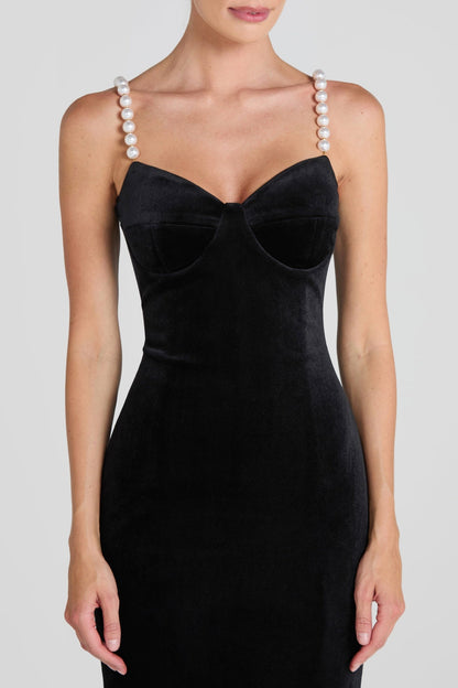 Kadia Velvet Pearl Embellished Midi Dress
