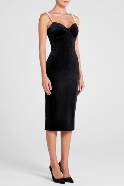 Kadia Velvet Pearl Embellished Midi Dress