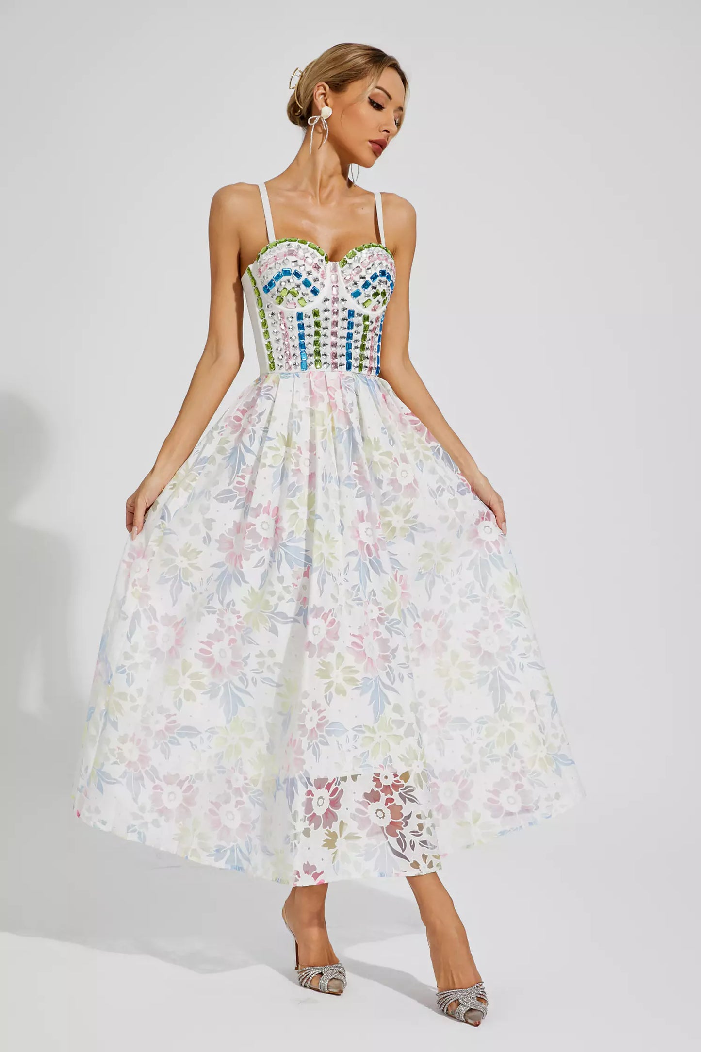 Kairi White Embellished Midi Slip Dress