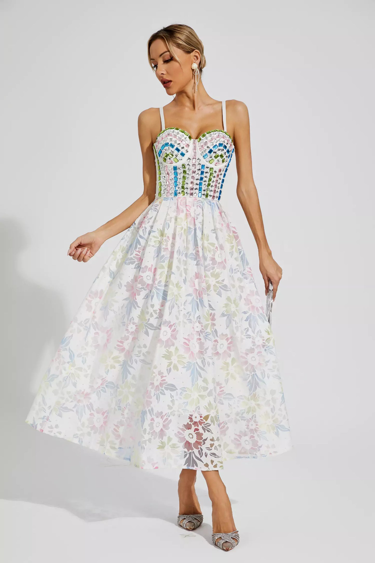 Kairi White Embellished Midi Slip Dress