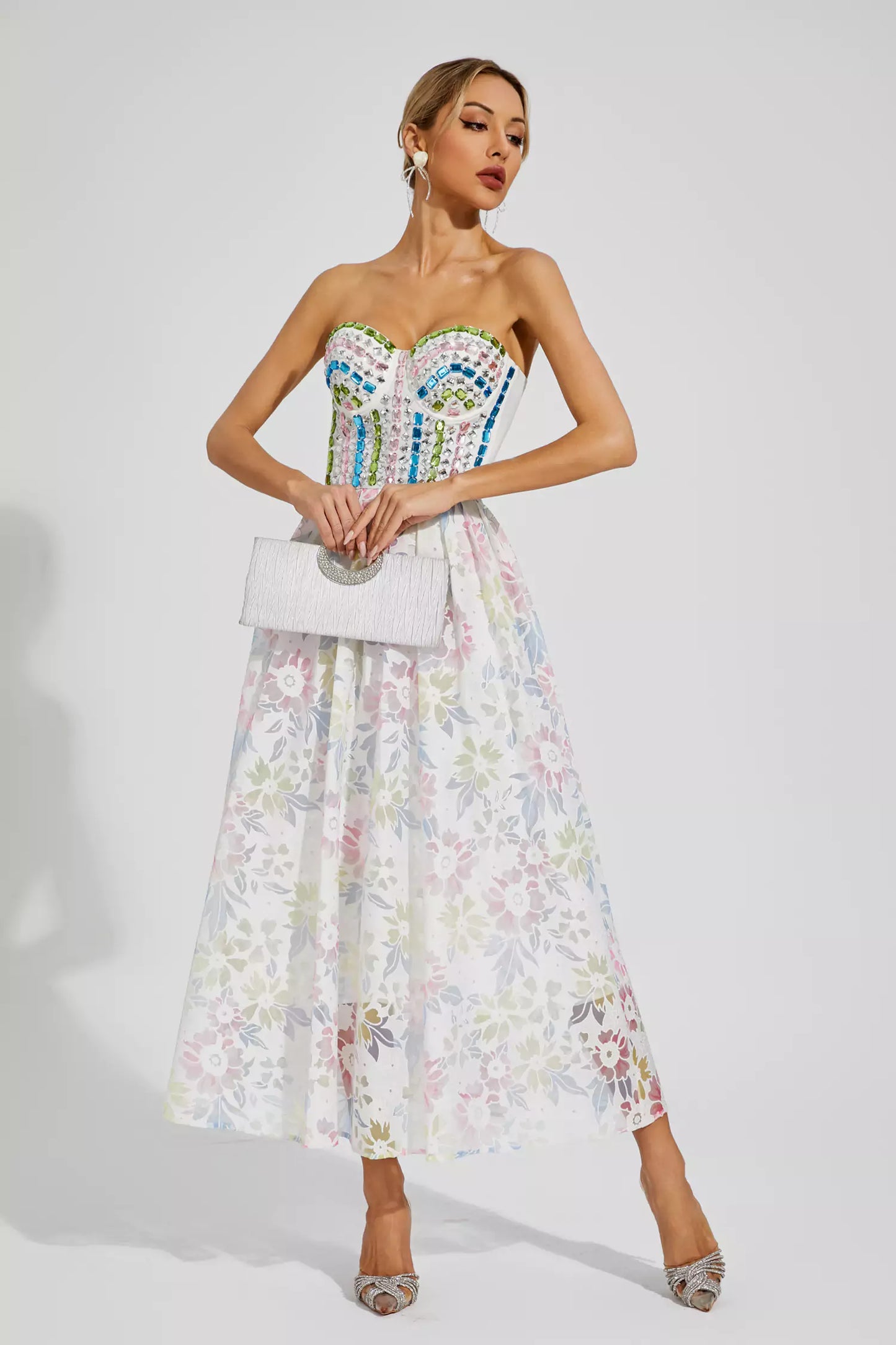 Kairi White Embellished Midi Slip Dress