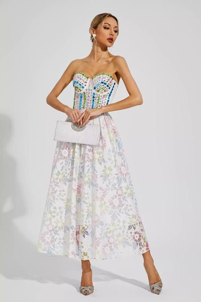 Kairi White Embellished Midi Slip Dress