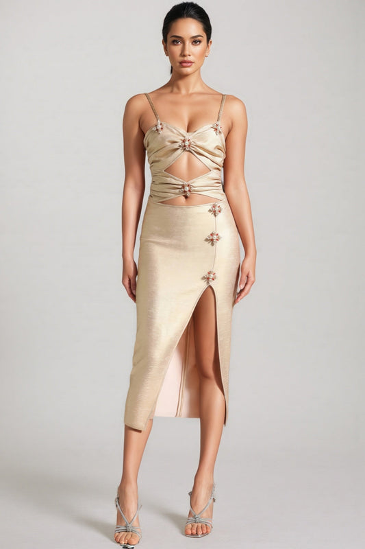 Alistair Pearls Cut Out Slit Midi Dress