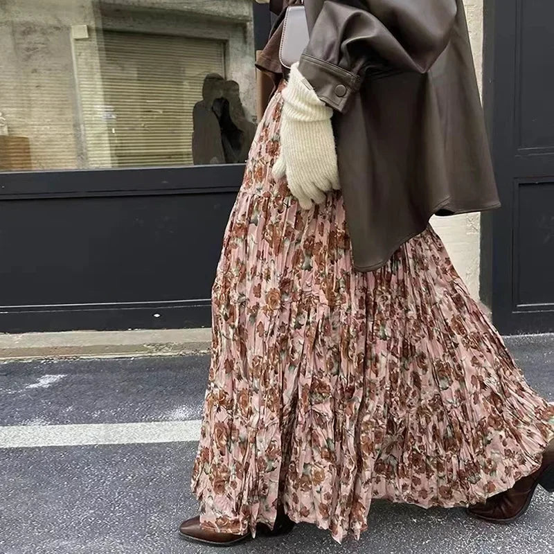 Kawaii Bohemian Floral Maxi Skirt Summer Retro Romantic