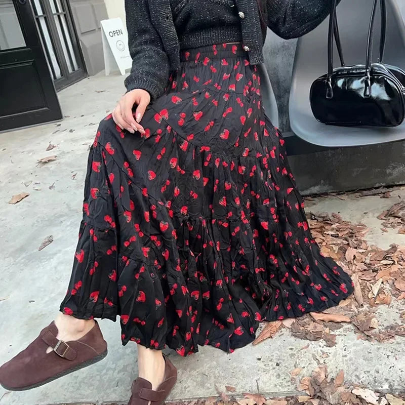 Kawaii Bohemian Floral Maxi Skirt Summer Retro Romantic