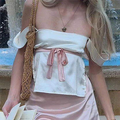 Satin Bow Tie Milkmaid Backless Crop Top