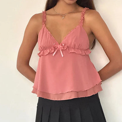 Frill Spaghetti Strap Chiffon Ruffled Crop Top