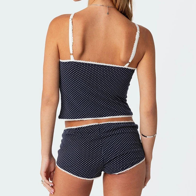 Polka Dot Lace Trim Camisole Micro Shorts Vintage Lounge Two Pieces Set